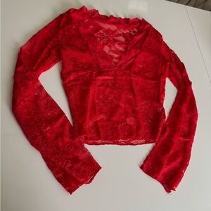 Y2K Red lace long sleeve top with V-neck and bell sleeves